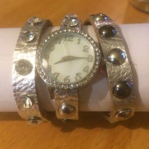 Silver leather wrap watch