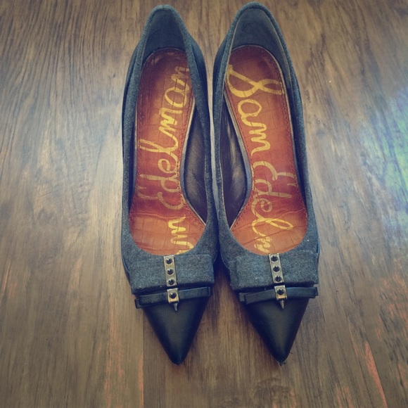 Black leather and gray wool, spiked heels