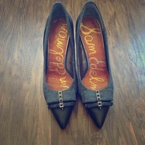 Black leather and gray wool, spiked heels