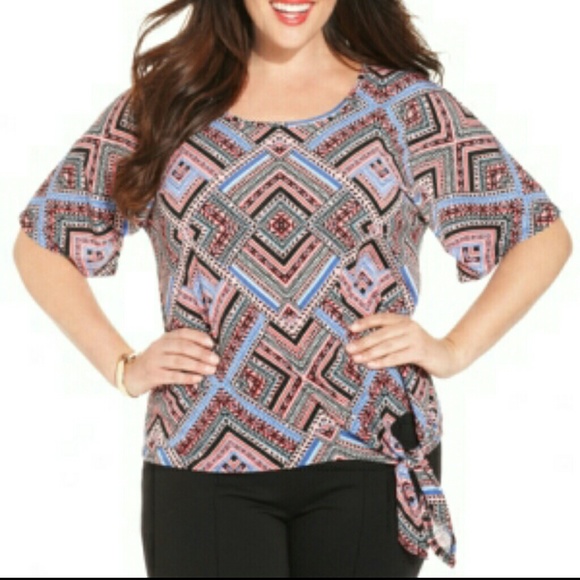 Ny Collection Plus Size Geo-Print Side-Tie Top
