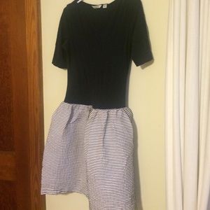 Navy Boatneck Dress with Full Seersucker Skirt