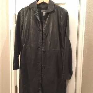 Long black leather, wool lined trench coat