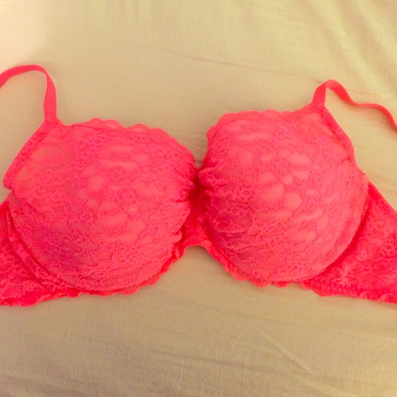 Neon pink lace bra