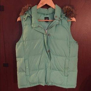 Mint Green Gap vest with fur lined hood