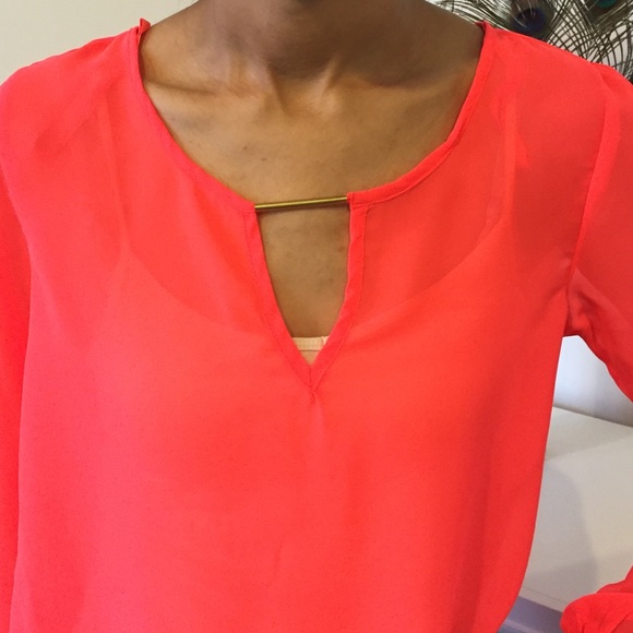 Long sleeve fluorescent coral solid georgette top. - Picture 2 of 4