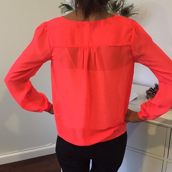 Long sleeve fluorescent coral solid georgette top. - Picture 3 of 4
