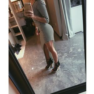 Black and white striped asym maxi dress