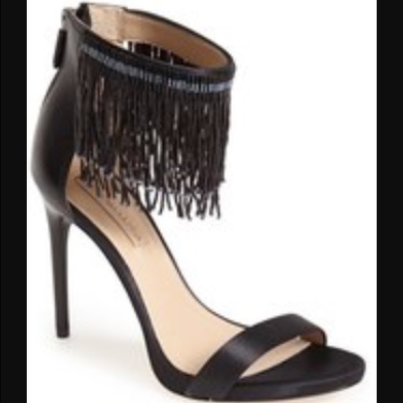 BCBG "Devine" black satin fringe sandal
