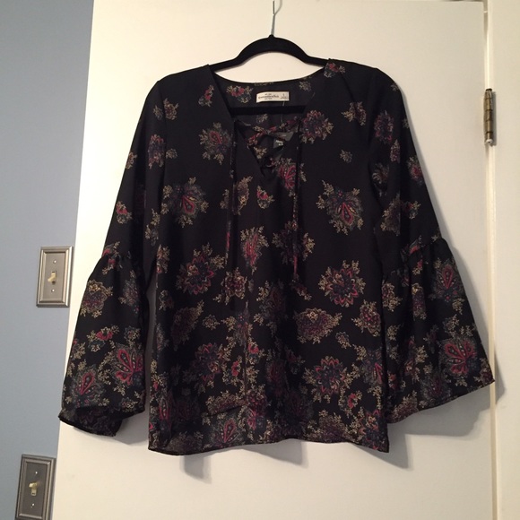 Navy lace up bell sleeve shirt