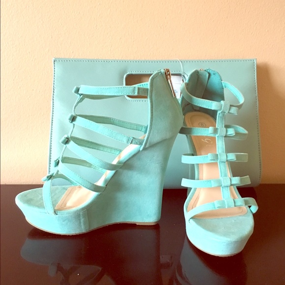 Mint green wedges with purse