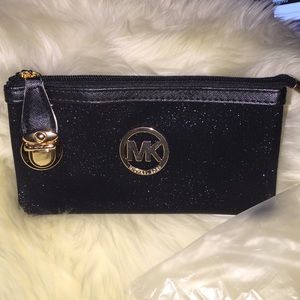 JET BLACK sparkly zipper wallet with chain strap