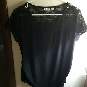Black silk T with lace top