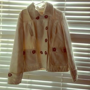 Winter White pea coat with tortoiseshell buttons