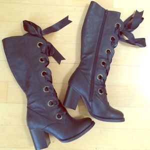 Vegan leather ribbon lace up boots