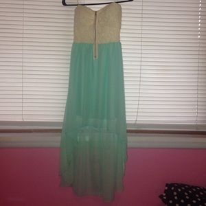 High-low, strapless dress.