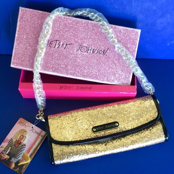 NWT $58 BETSEY JOHNSON Metallic Gold Glitteratzzi Clutch BETSEYVILLE Evening Bag