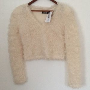 REHAB,Cream sheepskin look/feather crop sweater
