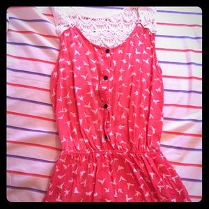 Pink bird print romper with lace racer back