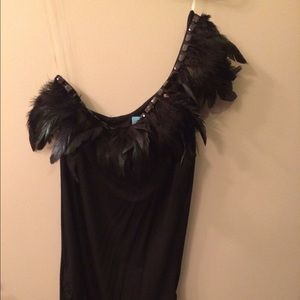 One shoulder black top with feathers