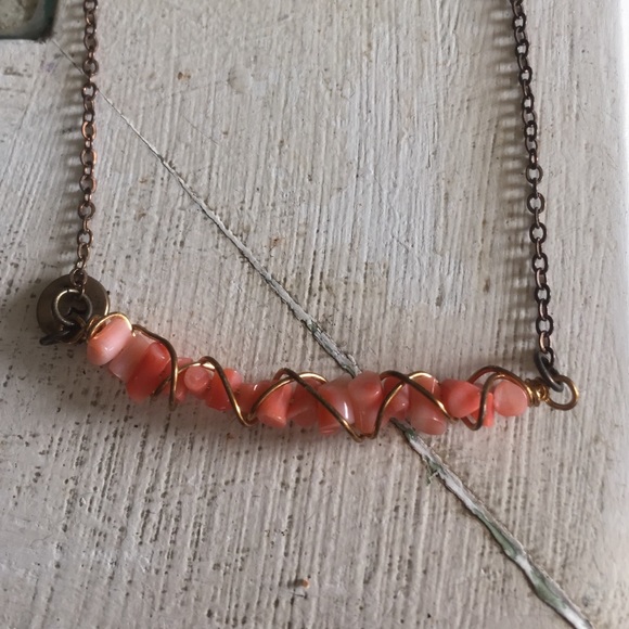 Pink wrapped rock necklace with rustic chain