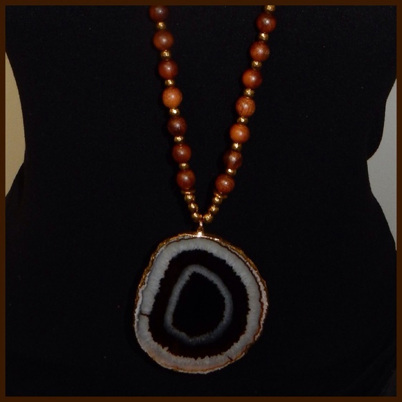 Long Necklace with Wooden Beads and Agate Slice
