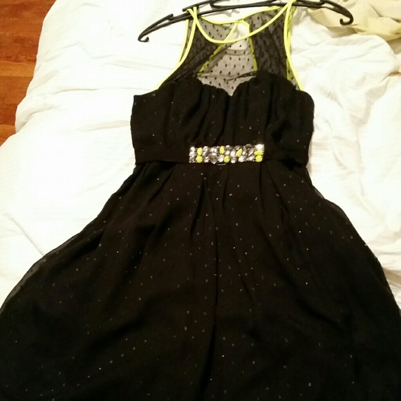 Short black with neon yellow accent cocktail dress