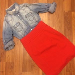 Chambray shirt and red pea skirt