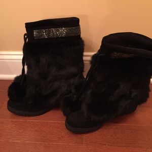 Coach fur boots. black with silver beading