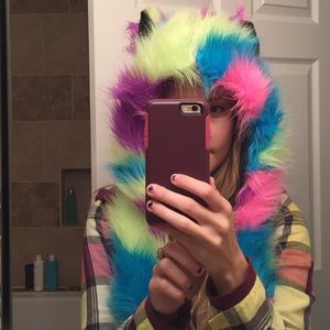 Colorful, fuzzy winter animal hat w/ ears & claws