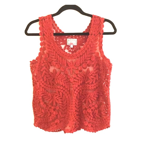 Anthropologie lace and mesh red top
