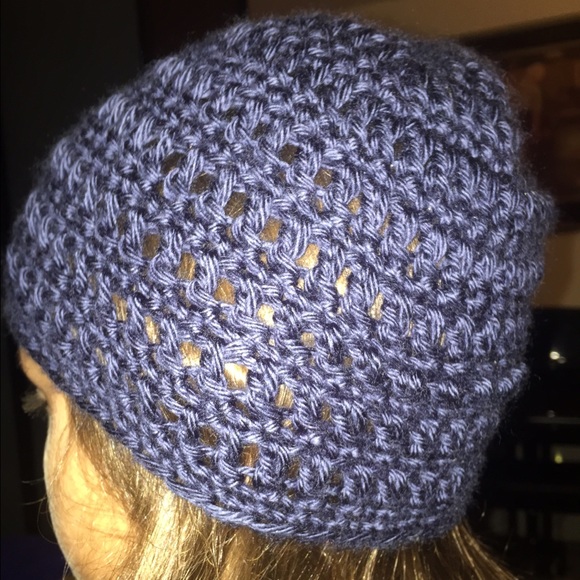 Blue crochet beanie.