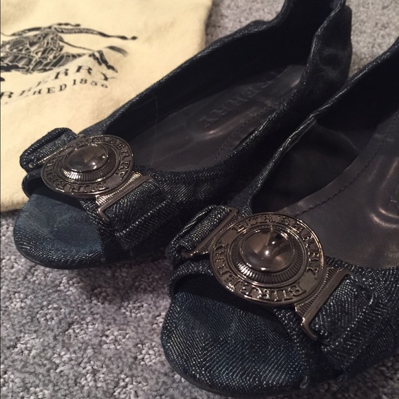 Burberry Open Toe Denim Flats with Medallion