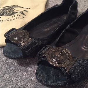 Burberry Open Toe Denim Flats with Medallion
