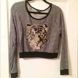 Express Tiger Embellished Crop Sweater