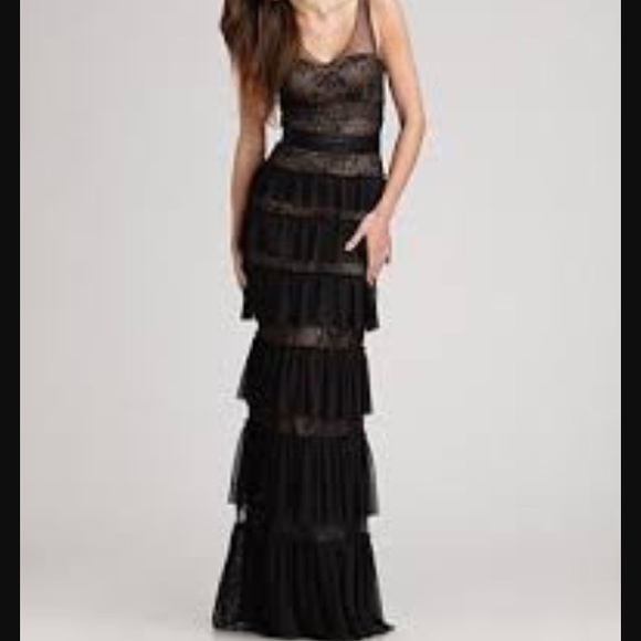 BCBGMaxAzria tiered lace ruffle gown. Black n Tan.