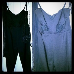 Black jumpsuit with lace cutouts and pockets