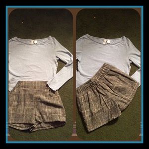 Plaid gray walking shorts & blue cropped top