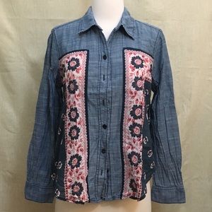 Free People Chambray Floral Buttondown Shirt XS