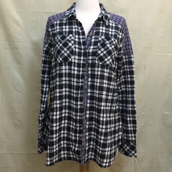 Free People Plaid Flannel Buttondown Shirt S Black