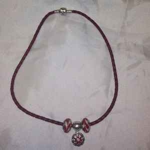 Pandora Red Rope Necklace with 3 charms