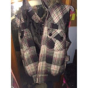Plaid vest with fur hood