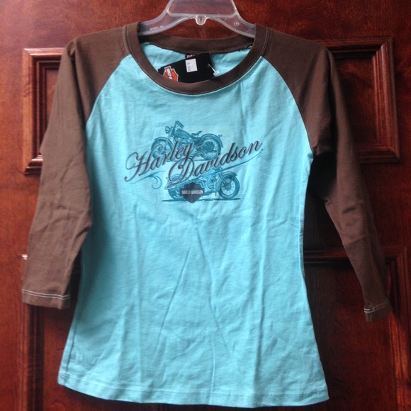 Harley Davidson 3/4 Sleeve Teal Crew Neck Tee. - Picture 1 of 3