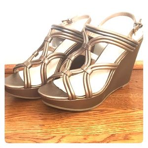 Metallic gold and silver accent strap wedges