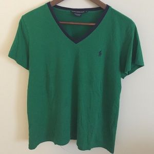 Green and navy blue v-neck polo t-shirt
