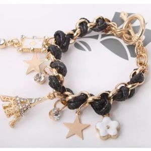 Black Leather Eiffel Tower Charm Bracelet