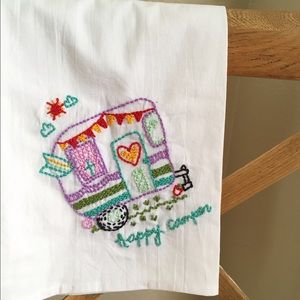 happy camper hand embroidered tea towel
