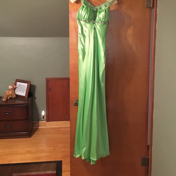 Lime green formal dress.
