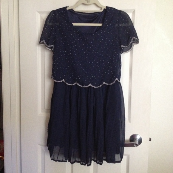 Scalloped Navy Pleated Dress
