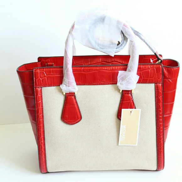 NWT Michael Kors Red & Ecru Colette Large Satchel - Picture 2 of 4