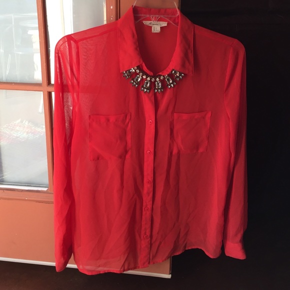Red Chiffon Button Up Blouse